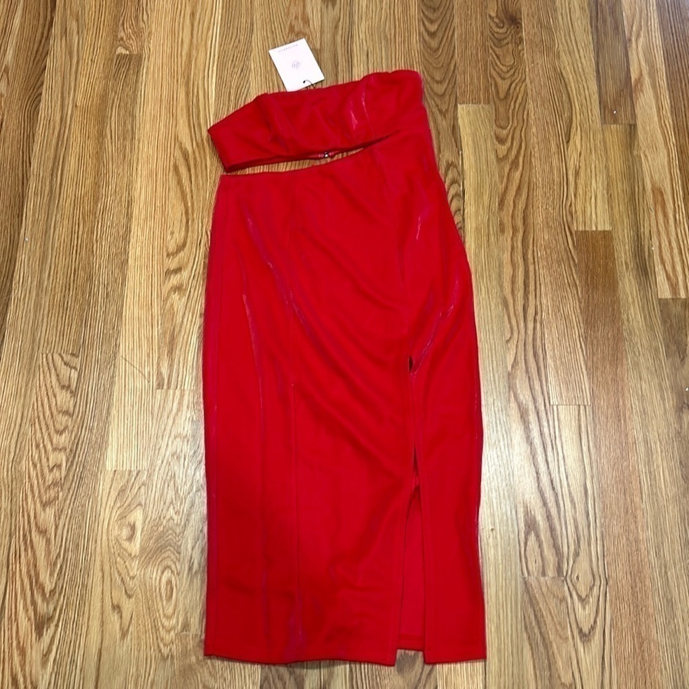 Hello Molly Red Shimmer cutout midi pencil dress women’s size medium new w tags